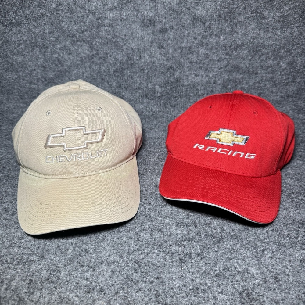 Chevy Chevrolet Lot of 2 Hat Cap Racing Hats Red & Beige Brown Adjustable OSFA